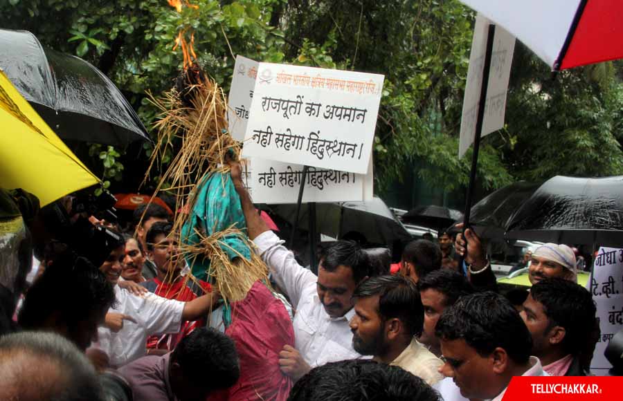 Members of Akhil Bharatiya Kshatriya Mahasabha protest outside Balaji office