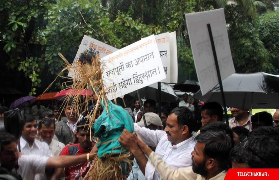 Members of Akhil Bharatiya Kshatriya Mahasabha protest outside Balaji office