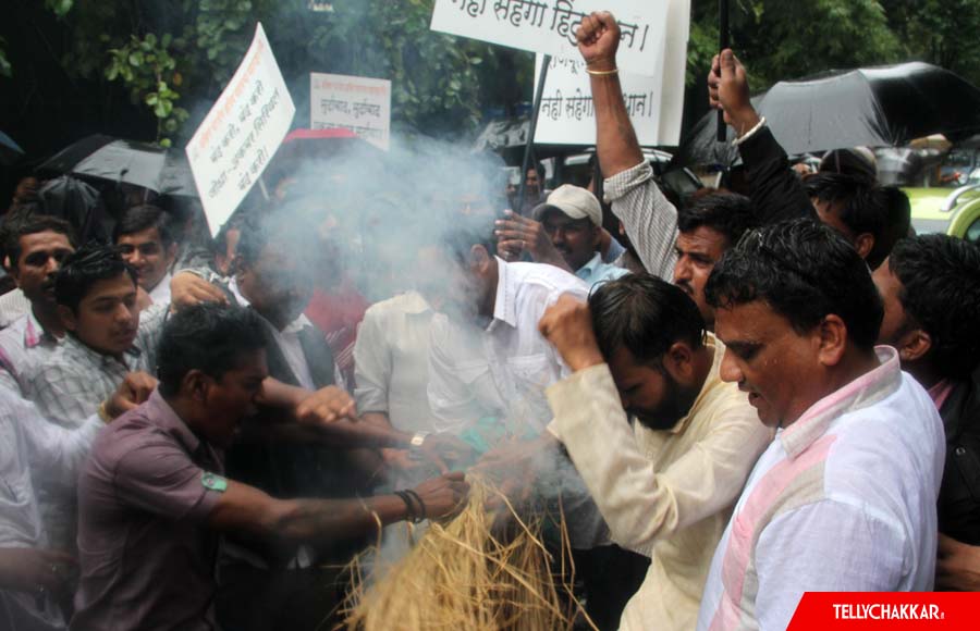 Members of Akhil Bharatiya Kshatriya Mahasabha protest outside Balaji office