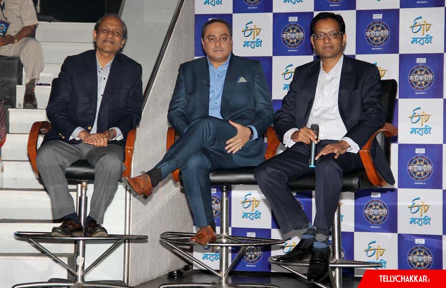 Siddhartha Basu of Big Synergy, host Sachin Khedekar and Anuj Poddar, EVP Viacom18 & Business Head, ETV Marathi