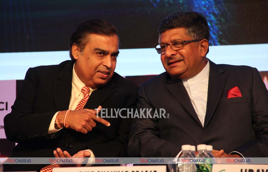 Reliance Industries Ltd Chairman and MD Mukesh Ambani, Communication and Information Technology Minister Ravi Shankar Prasad