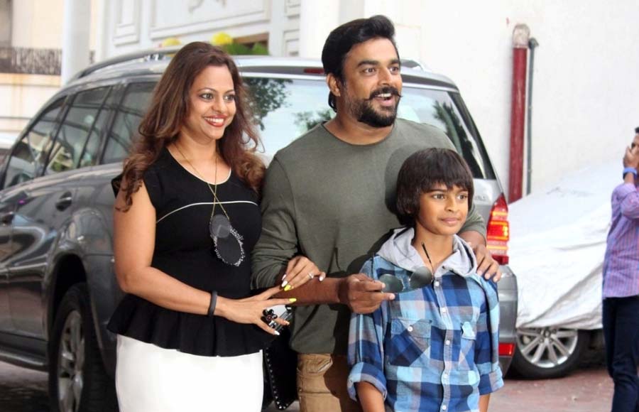 R Madhavan along with his wife Sarita Birje and son Vedant Madhavan 