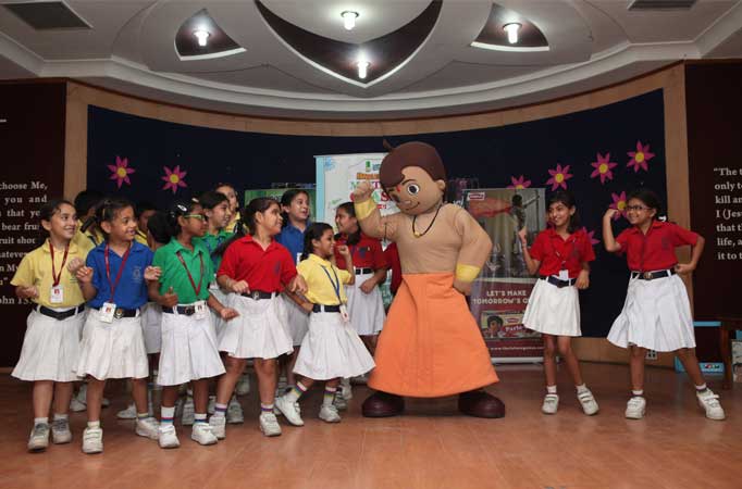 Chhota Bheem and kids performing at the POGO Bheem's Masti Ki Class school contact program at Ryan International school
