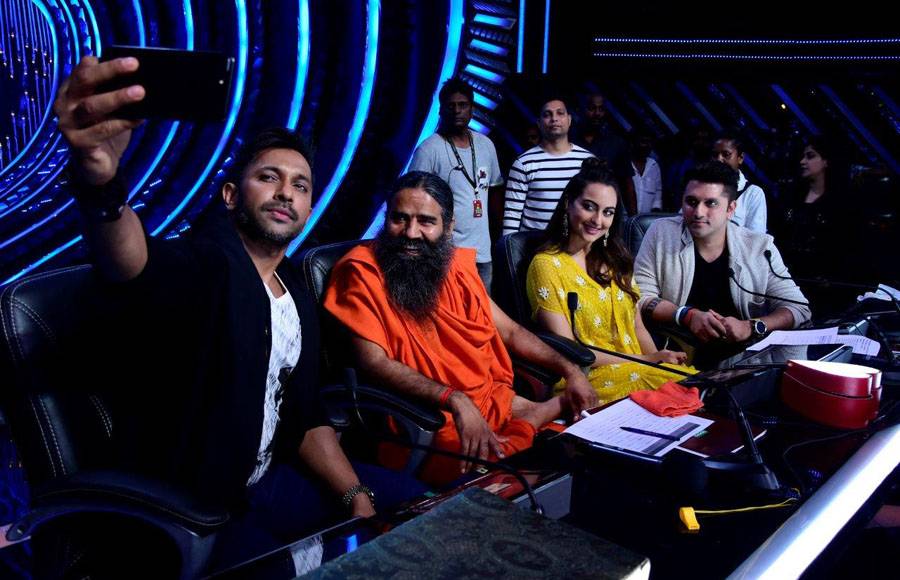 Baba Ramdev performing Yoga with Brent on the sets of Nach Baliye 8